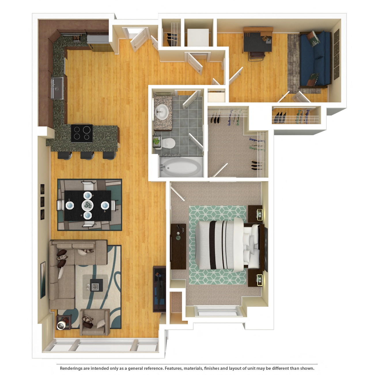 Floor plan for 1 bed, 1 bath, 967 sqft